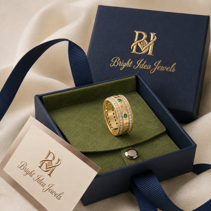 18K Solid Gold Double Row Diamond & Emerald Band
