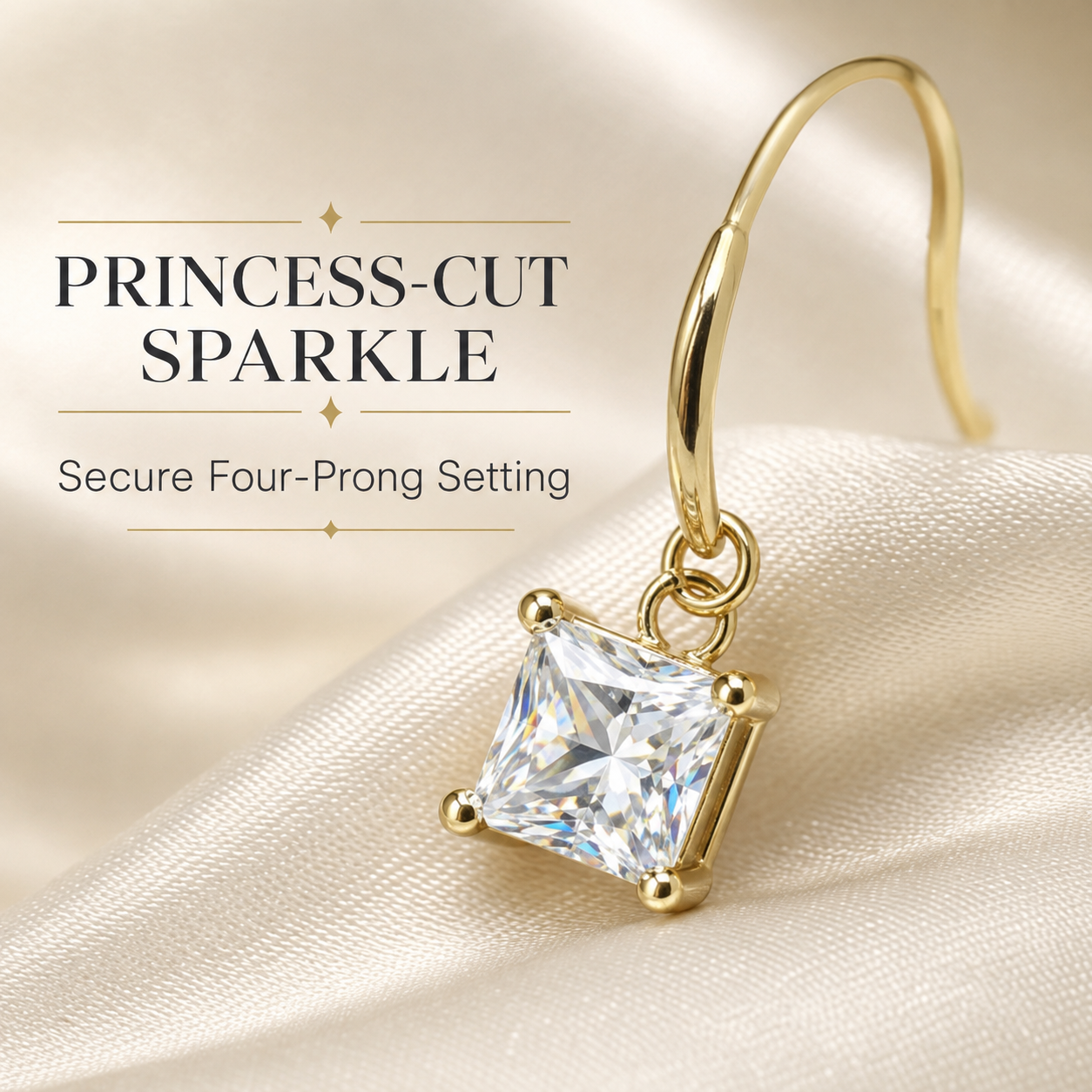 Gold Earrings 18K Solid | Four-Prong Square Moissanite Studs | Fine Jewelry Au750