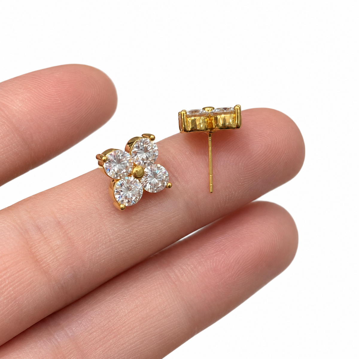 18K Solid Gold Four-Petal Flower Stud Earrings