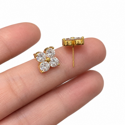 18K Solid Gold Four-Petal Flower Stud Earrings