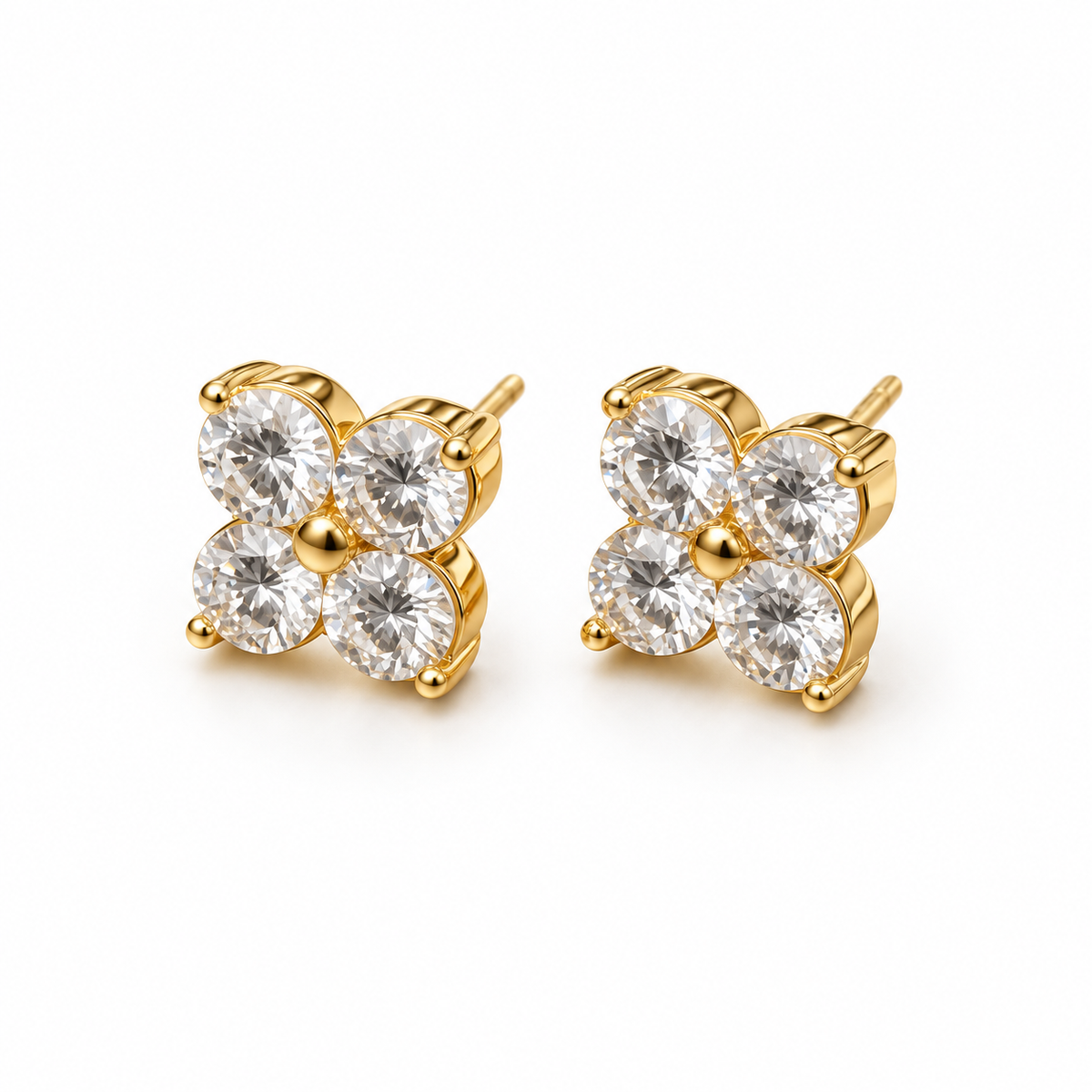 18K Solid Gold Four-Petal Flower Stud Earrings