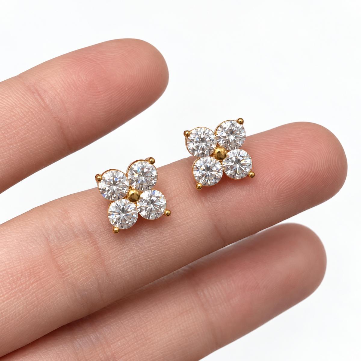 18K Solid Gold Four-Petal Flower Stud Earrings