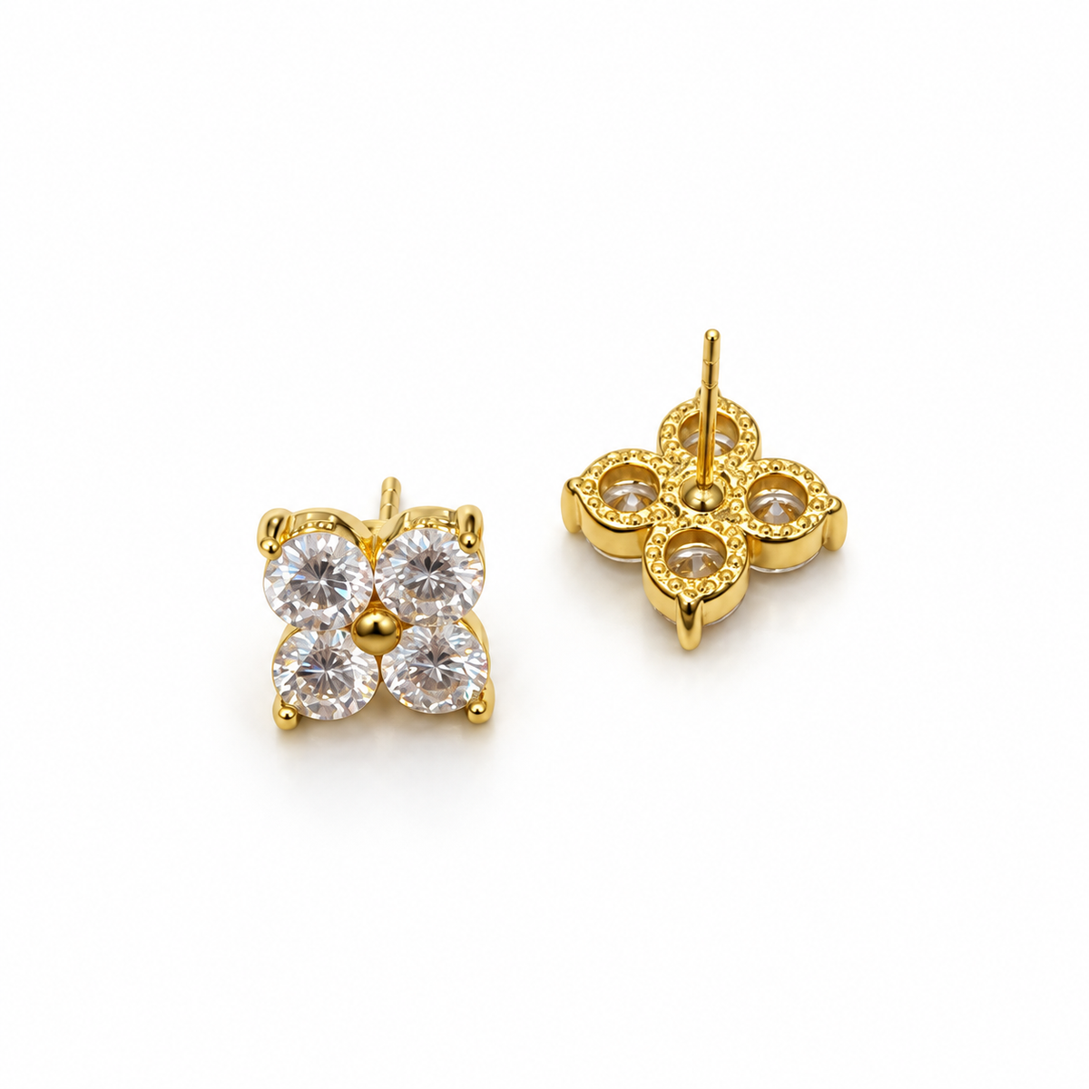 18K Solid Gold Four-Petal Flower Stud Earrings