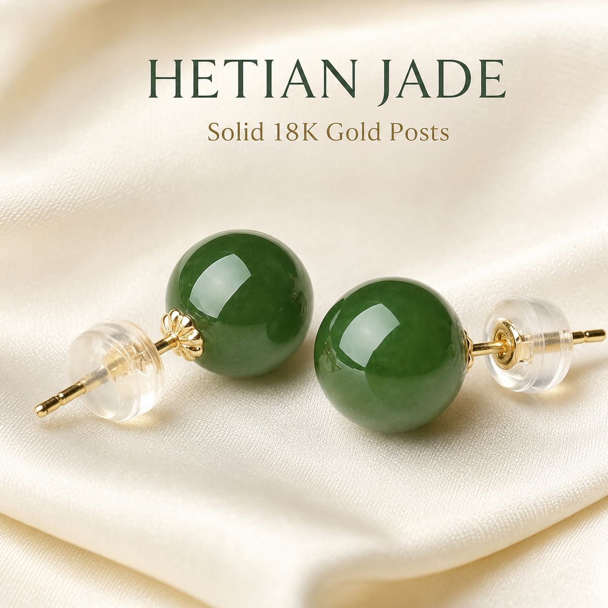 Gold Earrings 18K Solid | Hetian Jade Jasper Studs | Fine Jewelry Au750