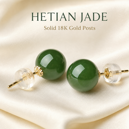 18K Solid Gold Hetian Jade Stud Earrings