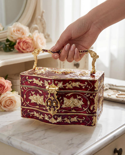 Vintage Red Gold Jewelry Box, Multilayered Lockable Treasure Chest, Wedding Anniversary Gift