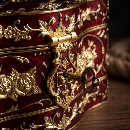 Vintage Red Gold Jewelry Box, Multilayered Lockable Treasure Chest, Wedding Anniversary Gift