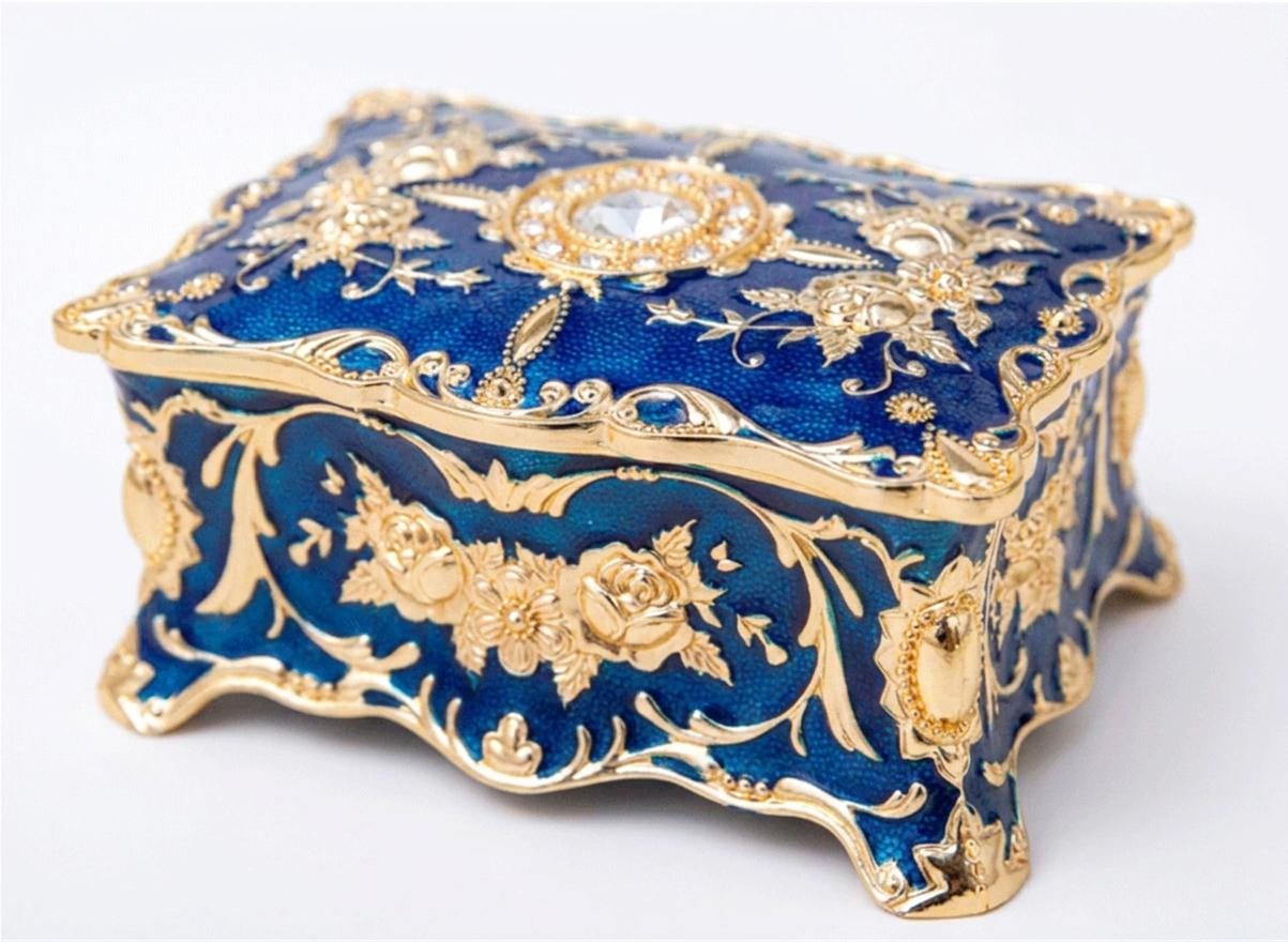 Baroque Metal Jewelry Box | Vintage Red Blue White Luxury Keepsake (2 Sizes)