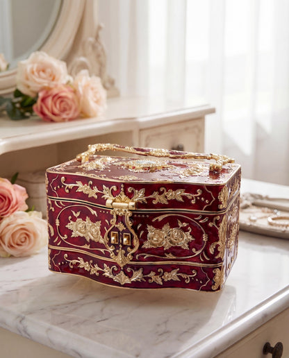 Vintage Red Gold Jewelry Box, Multilayered Lockable Treasure Chest, Wedding Anniversary Gift