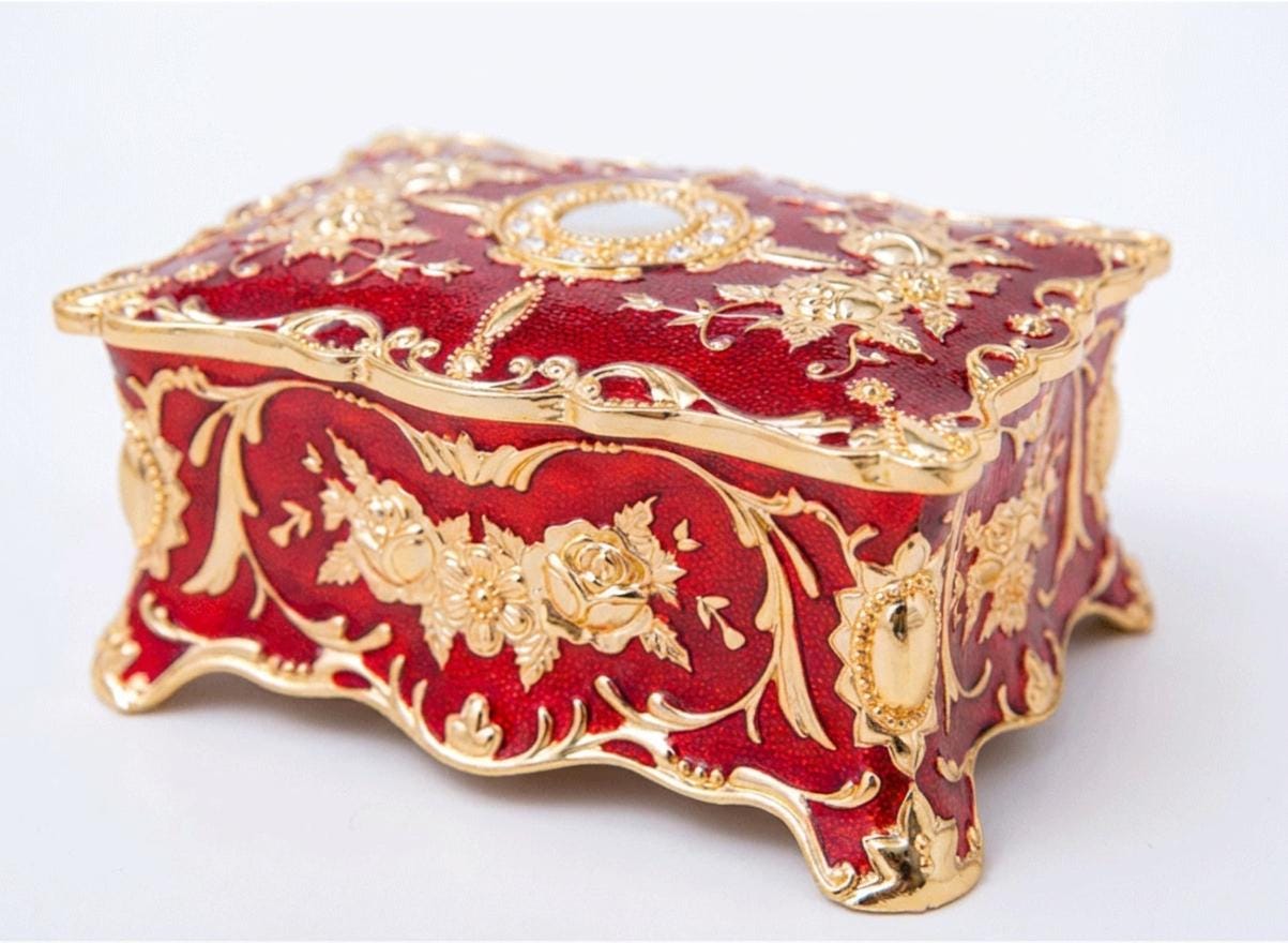 Baroque Metal Jewelry Box | Vintage Red Blue White Luxury Keepsake (2 Sizes)