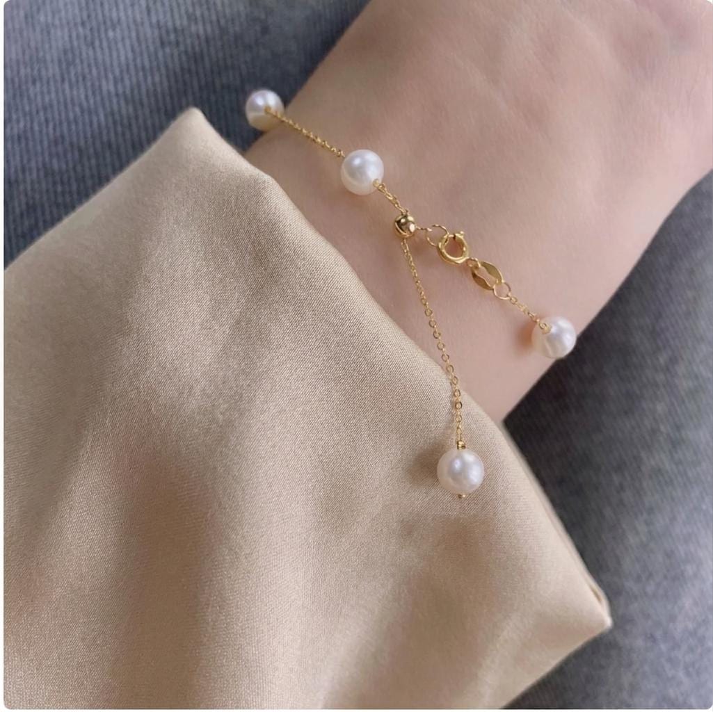18K Solid Gold Freshwater Pearl Bracelet · Baby's Breath Style · Au750 · Adjustable 18–22cm