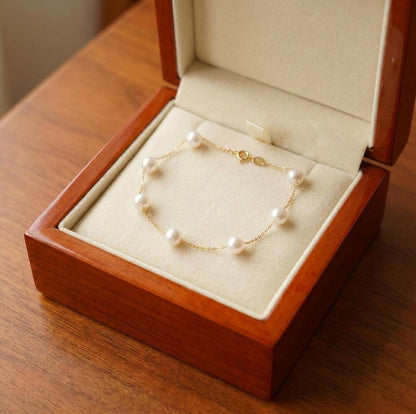 18K Solid Gold Freshwater Pearl Bracelet · Baby's Breath Style · Au750 · Adjustable 18–22cm