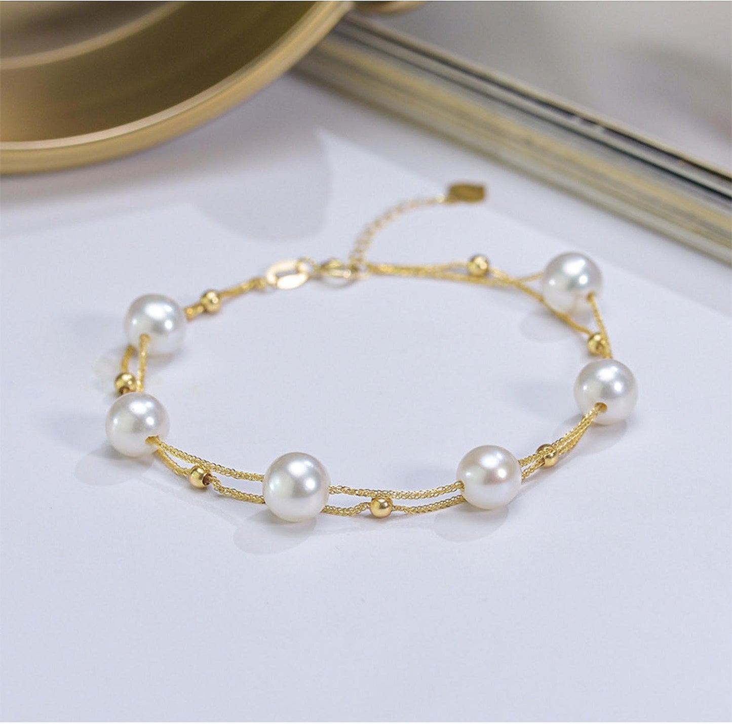 18K Solid Gold Double Row Pearl Bracelet, Au750 Chopin Chain, Real Freshwater Pearls