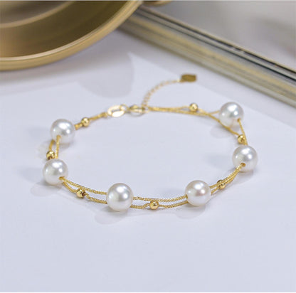 18K Solid Gold Double Row Pearl Bracelet, Au750 Chopin Chain, Real Freshwater Pearls