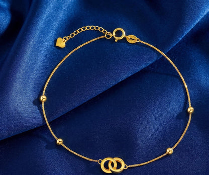 18K Solid Gold Interlocking Double Ring Bracelet, Au750 Twisted Chain with Heart Charm