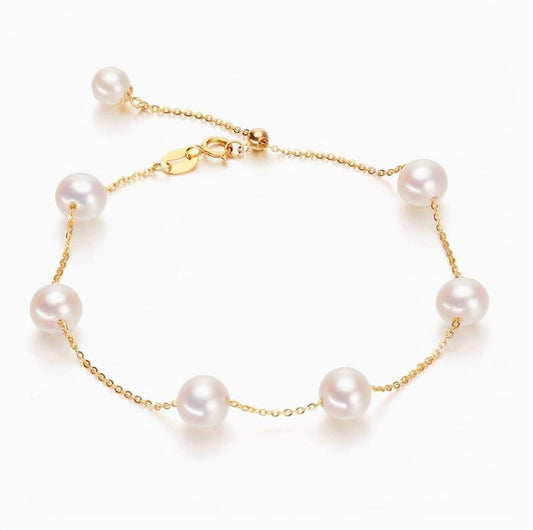 18K Solid Gold Freshwater Pearl Bracelet · Baby's Breath Style · Au750 · Adjustable 18–22cm