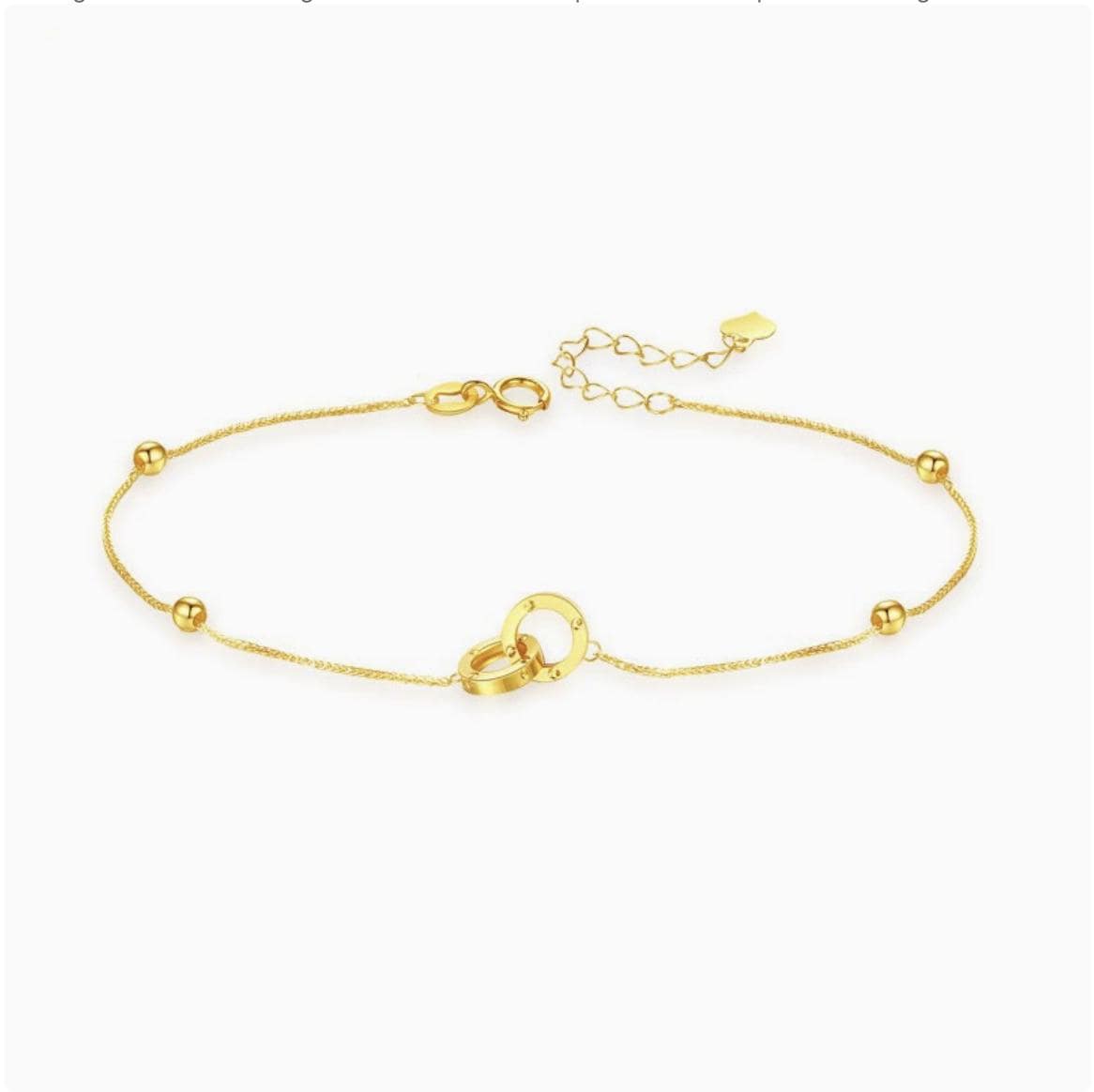 18K Solid Gold Interlocking Double Ring Bracelet, Au750 Twisted Chain with Heart Charm