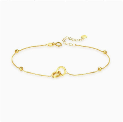 18K Solid Gold Interlocking Double Ring Bracelet, Au750 Twisted Chain with Heart Charm