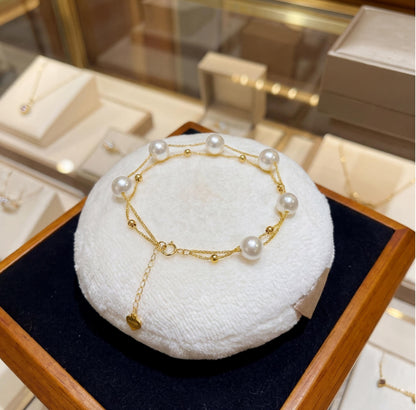 18K Solid Gold Double Row Pearl Bracelet, Au750 Chopin Chain, Real Freshwater Pearls