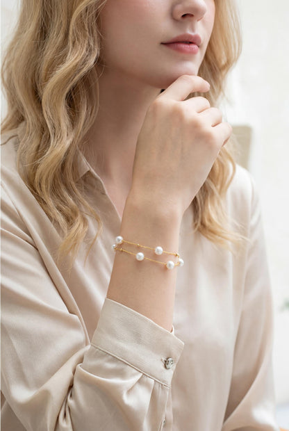 18K Solid Gold Double Row Pearl Bracelet, Au750 Chopin Chain, Real Freshwater Pearls
