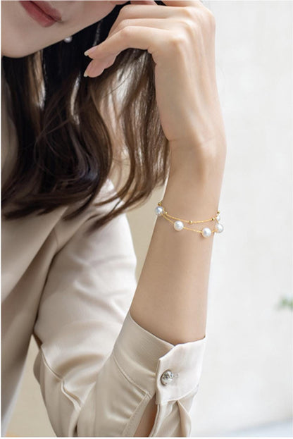 18K Solid Gold Double Row Pearl Bracelet, Au750 Chopin Chain, Real Freshwater Pearls