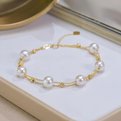 18K Solid Gold Double Row Pearl Bracelet, Au750 Chopin Chain, Real Freshwater Pearls