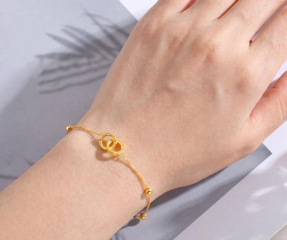 18K Solid Gold Interlocking Double Ring Bracelet, Au750 Twisted Chain with Heart Charm