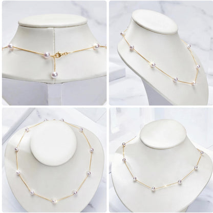 18K Real Solid Gold Necklace | Natural Freshwater Pearl Station Chain | Dainty Gold Choker