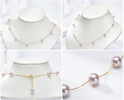 18K Real Solid Gold Necklace | Natural Freshwater Pearl Station Chain | Dainty Gold Choker