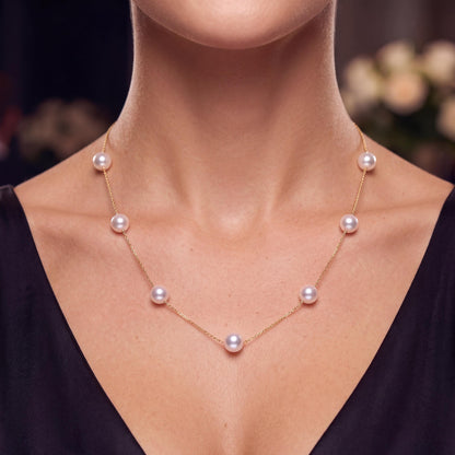 18K Real Solid Gold Necklace | Natural Freshwater Pearl Station Chain | Dainty Gold Choker