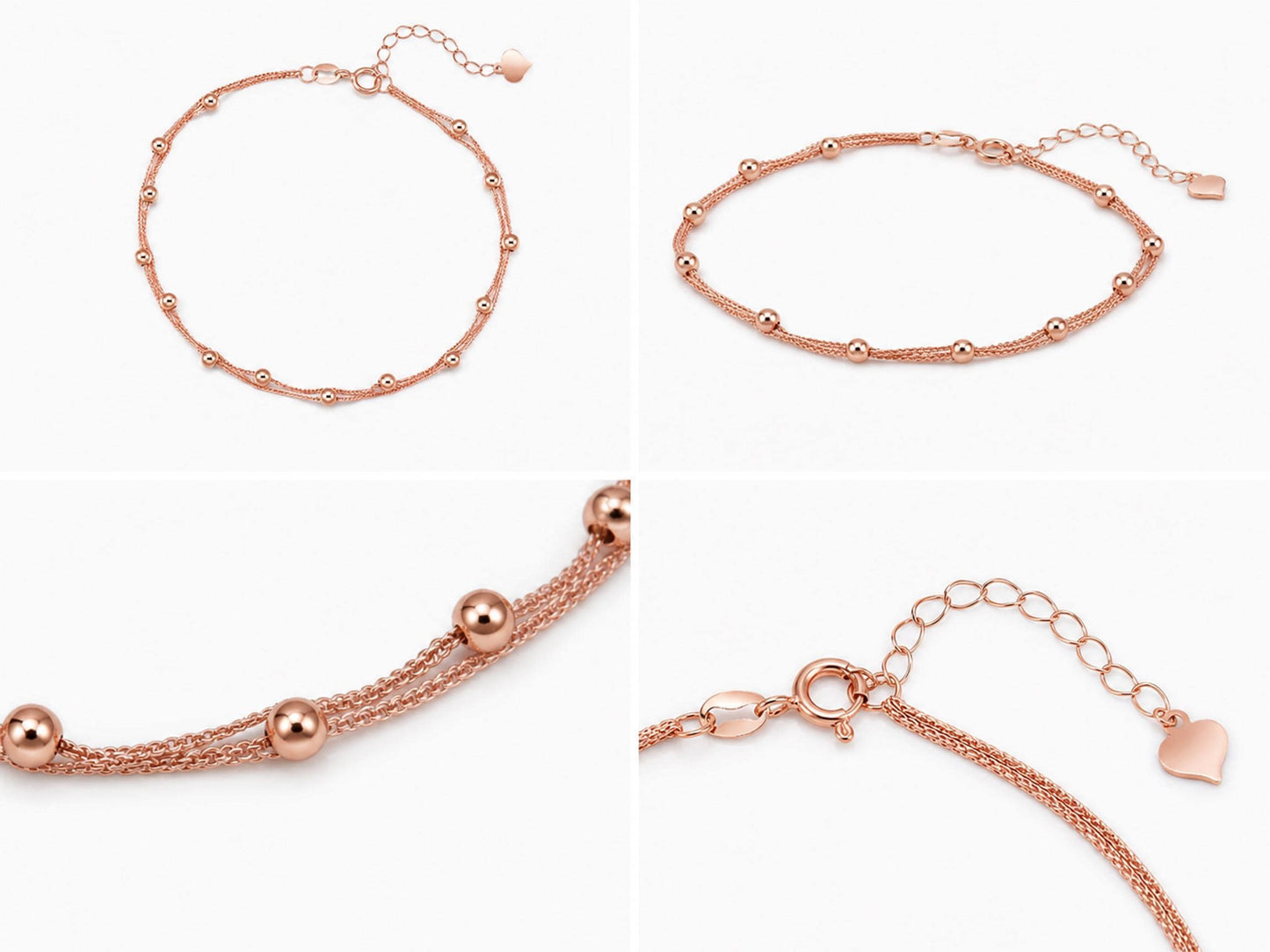 18K Real Solid Gold Beaded Bracelet Women | Handmade Double Layer Gift