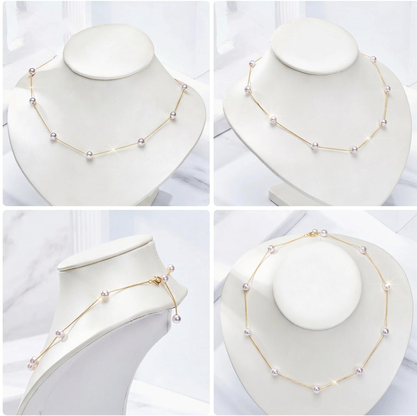 18K Real Solid Gold Necklace | Natural Freshwater Pearl Station Chain | Dainty Gold Choker