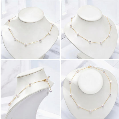 18K Real Solid Gold Necklace | Natural Freshwater Pearl Station Chain | Dainty Gold Choker