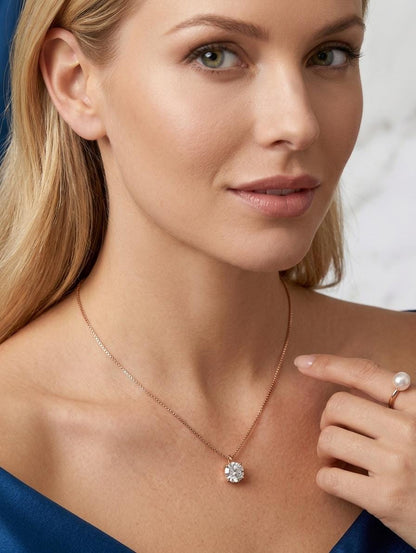 Solid 18K Rose Gold Solitaire Necklace | Classic Pendant, 45cm Box Chain