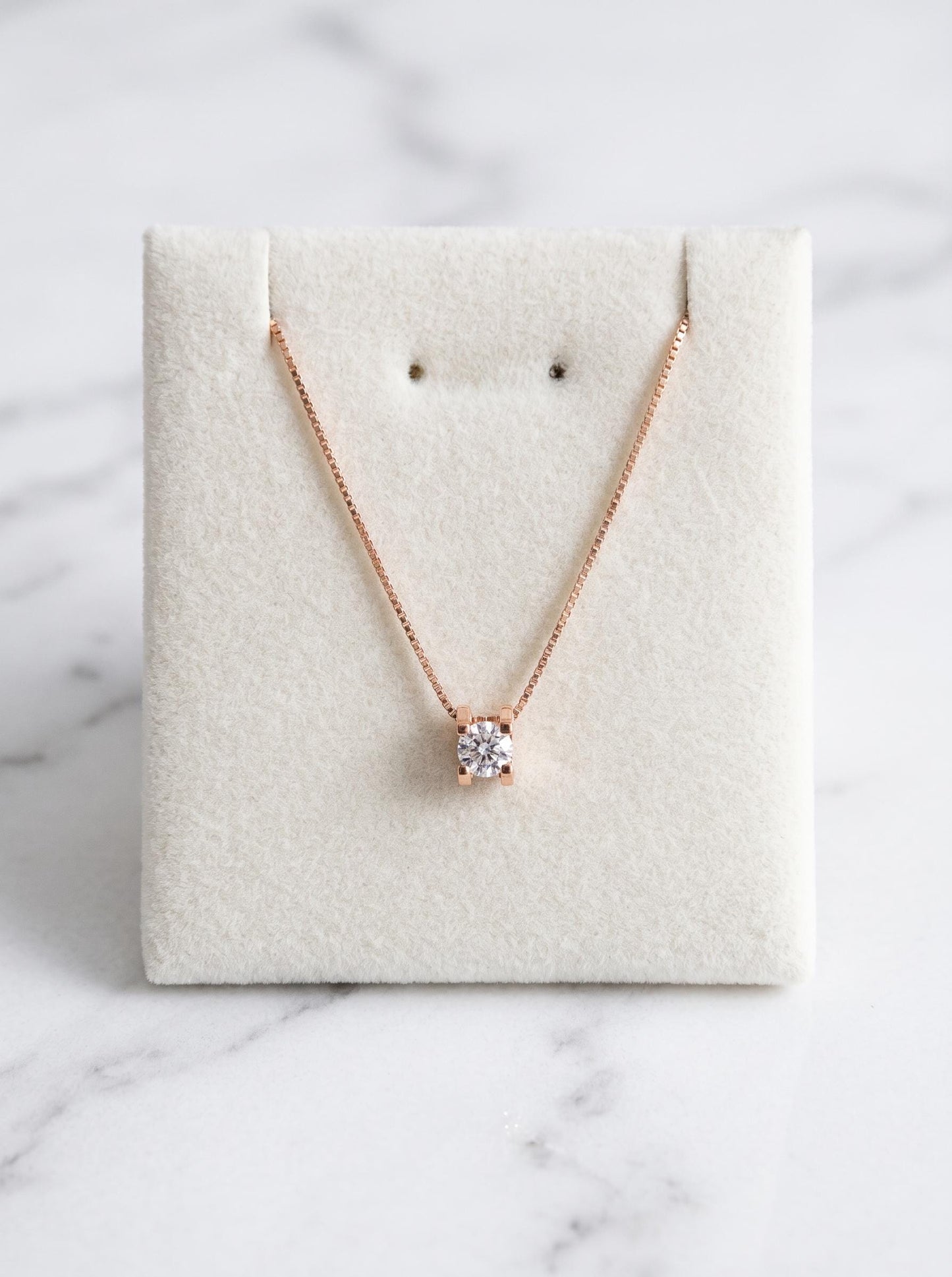 Solid 18K Rose Gold Solitaire Necklace | Classic Pendant, 45cm Box Chain