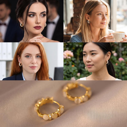 Cat Eye Stone Hoop Earrings - 18K Solid Gold