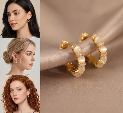 Cat Eye Stone Hoop Earrings - 18K Solid Gold