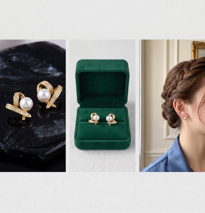 18K Solid Gold Heart Pearl Stud Earrings  Gift Women