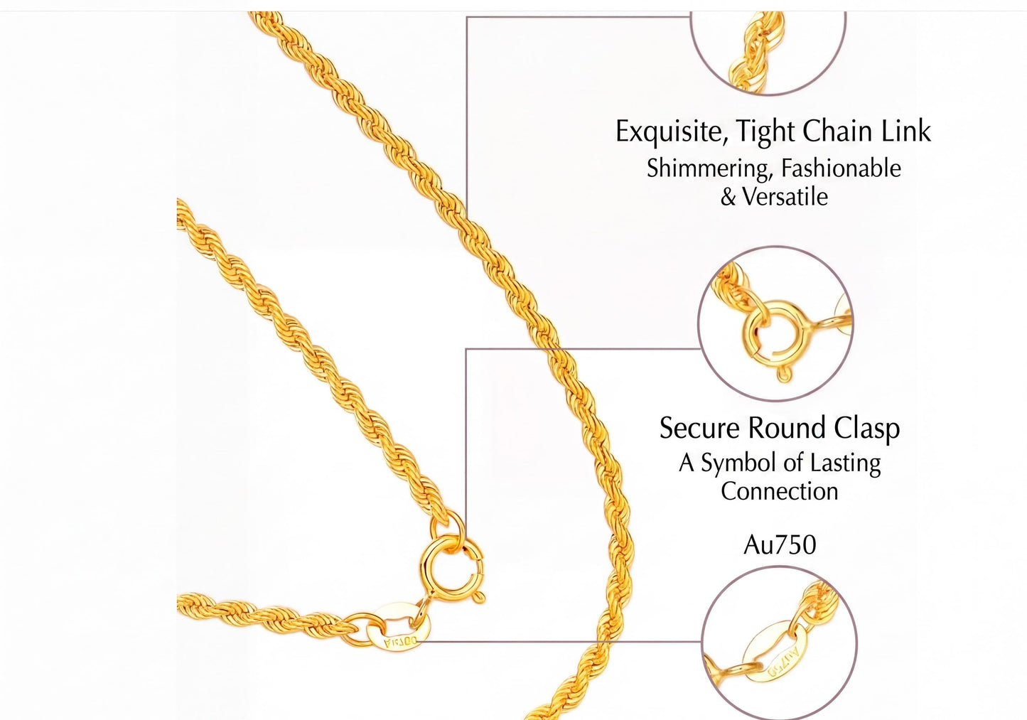 18K Solid  Gold Rope Chain Necklace Women Men AU750