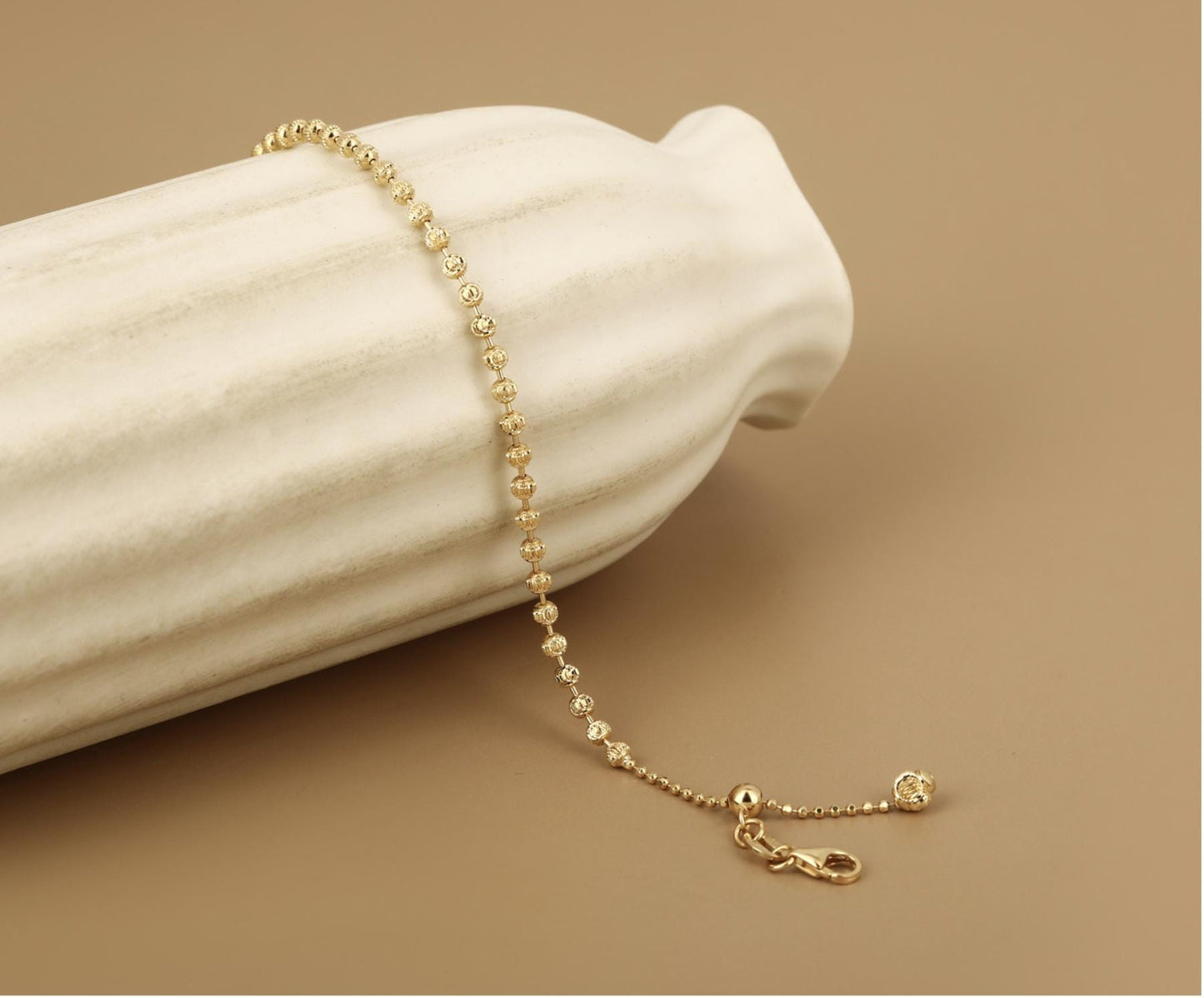 18K Gold Phantom Bracelet | Solid Au750 Bead Chain | Minimalist Dainty Adjustable Gold Bangle