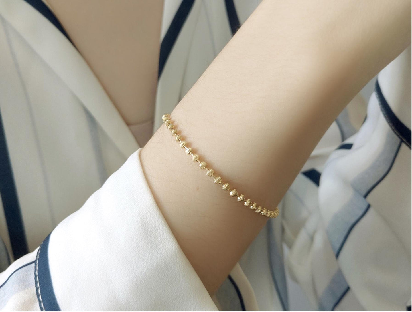 18K Gold Phantom Bracelet | Solid Au750 Bead Chain | Minimalist Dainty Adjustable Gold Bangle