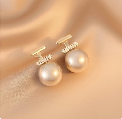 18K Gold Pearl Diamond Bar Earrings | Vintage Drop Pearl Studs