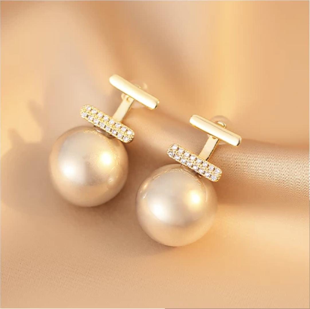 18K Gold Pearl Diamond Bar Earrings | Vintage Drop Pearl Studs