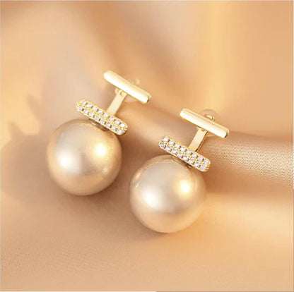 18K Gold Pearl Diamond Bar Earrings | Vintage Drop Pearl Studs