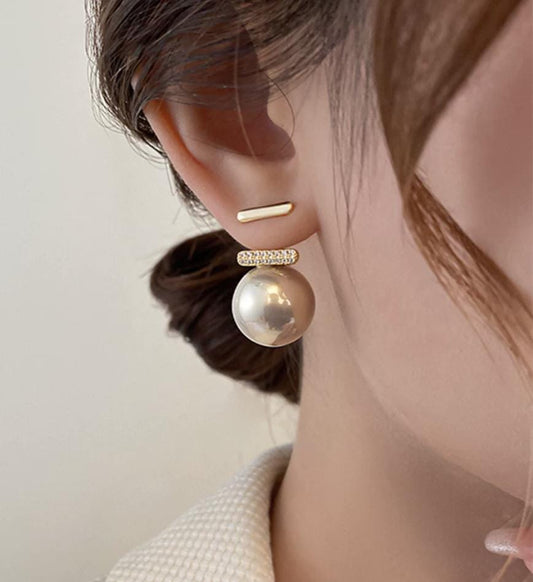 18K Gold Pearl Diamond Bar Earrings | Vintage Drop Pearl Studs
