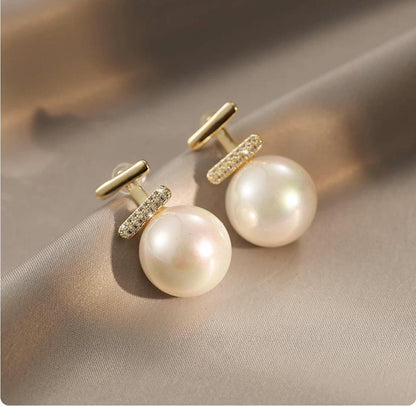 18K Gold Pearl Diamond Bar Earrings | Vintage Drop Pearl Studs