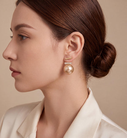 18K Gold Pearl Diamond Bar Earrings | Vintage Drop Pearl Studs