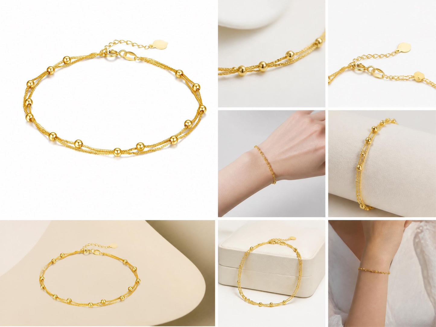 18K Real Solid Gold Beaded Bracelet Women | Handmade Double Layer Gift