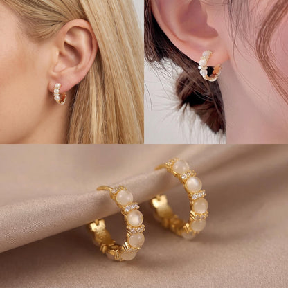 Cat Eye Stone Hoop Earrings - 18K Solid Gold