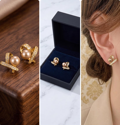 18K Solid Gold Heart Pearl Stud Earrings  Gift Women